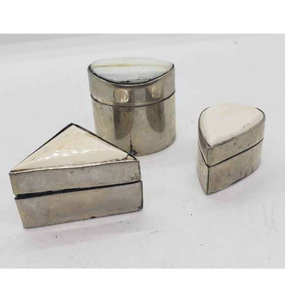 Vintage Silver Trinket Jewelry Pill Stash Box Set Shell Inlay Geometric 3 pcs - Picture 2 of 10